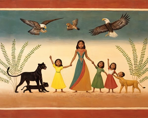 Woman and Children in Colorful Dresses in Nature Scene