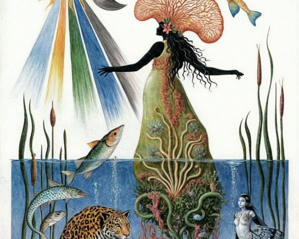 Mystical Figure in Vibrant Underwater Fantasy Scene