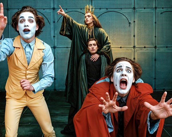 Dramatic Stage Performance with Theatrical Characters