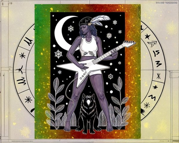 Confident Woman with Guitar and Astrological Motifs