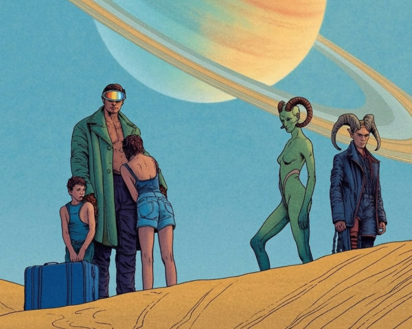 Surreal Desert Landscape with Diverse Characters and Saturn