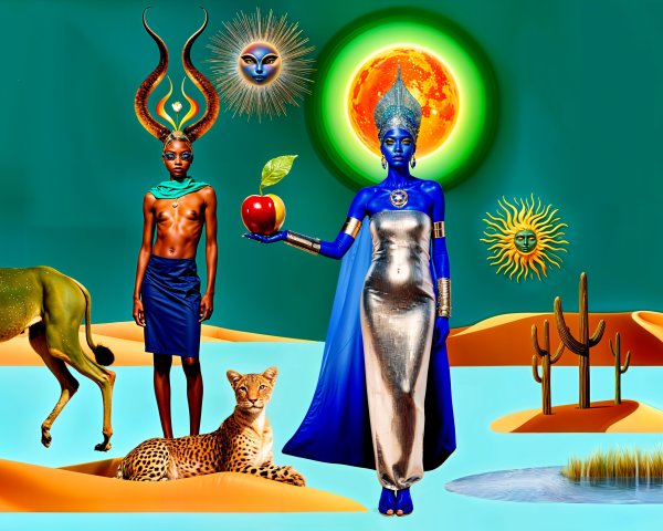 Fantasy Artwork with Humanoid Figure and Desert Elements
