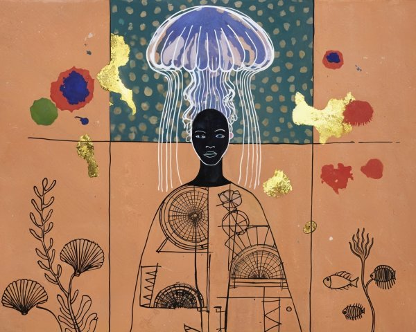 Stylized figure with jellyfish and vibrant patterns
