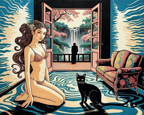 Surreal Scene of Woman, Cat, and Vibrant Landscape