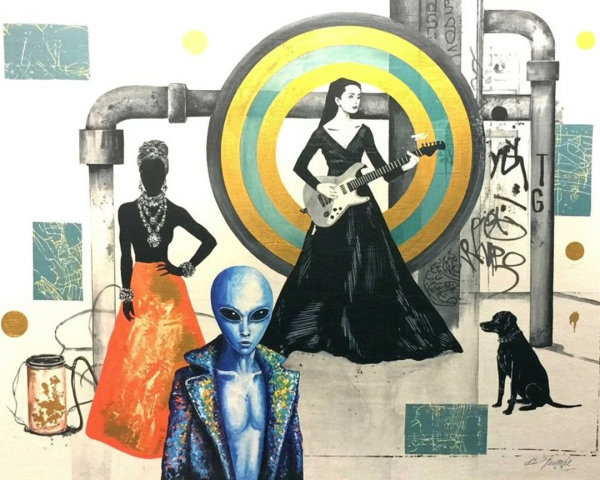 Surreal Artwork with Characters and Vibrant Patterns