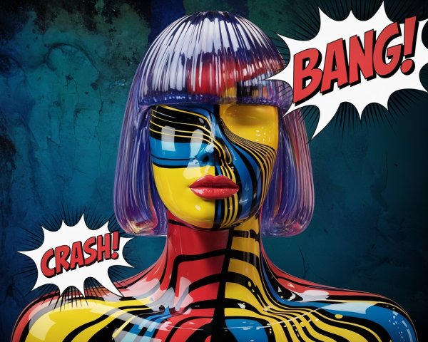 Glossy Mannequin with Colorful Design and Comic Text