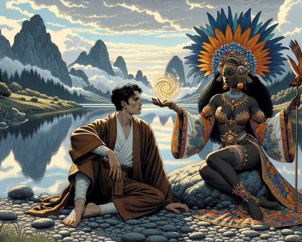 Young Man and Regal Woman by a Tranquil River