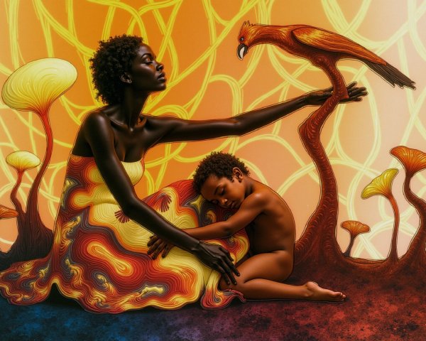 Artistic Depiction of Woman, Child, and Abstract Forms