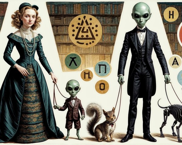 Victorian Woman with Aliens and Unique Pets in Scene