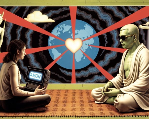 Surreal Scene with Woman, Green Figure, and World Map