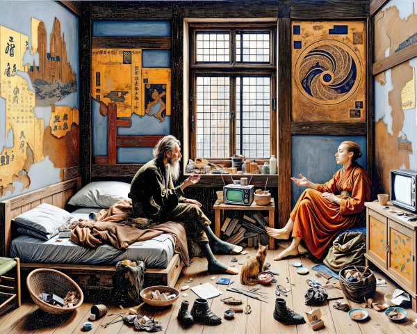 Interior Scene with Elderly Man and Woman Conversing