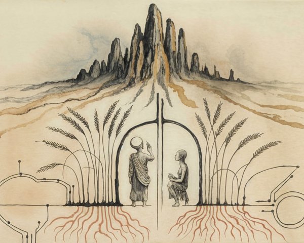 Mystical Landscape with Figures and Nature-Tech Fusion