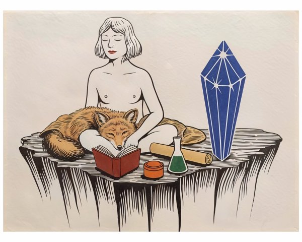 Minimalist Illustration of Woman Reading with Fox