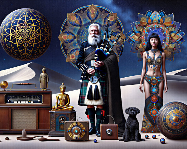 Mystical Scene with Musicians in Surreal Landscape