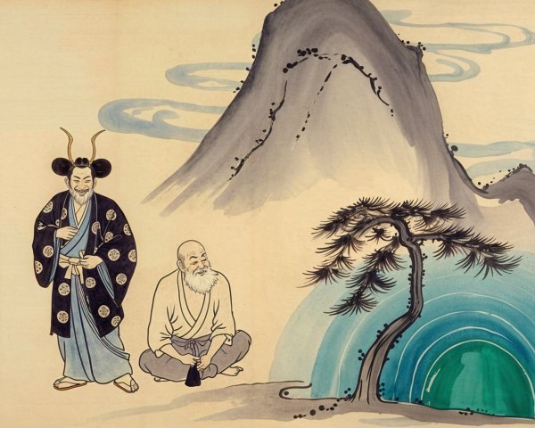 Two Figures in Traditional Attire with Mountain Backdrop