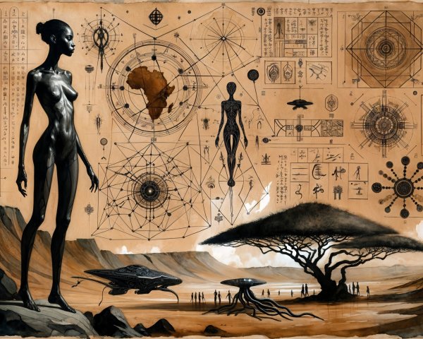 Surreal Landscape with Humanoid Figure and Acacia Tree