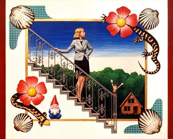 Woman in Business Suit Among Flowers and Whimsical Elements