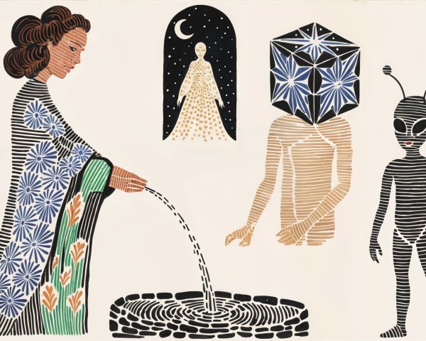 Woman in Dress Pouring Water into Stone Basin