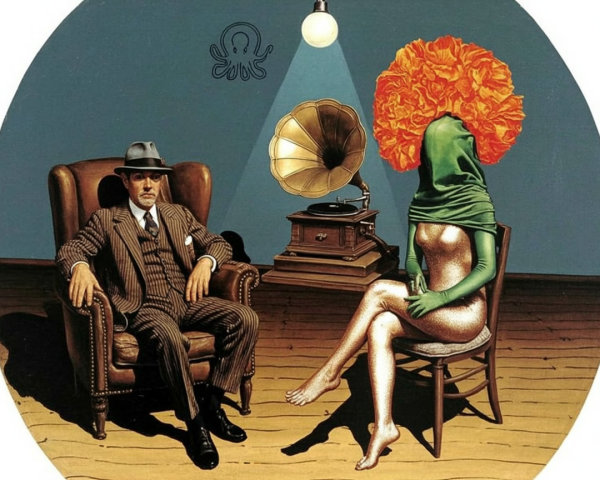 Surreal Scene with Elegant Figures in Vintage Setting