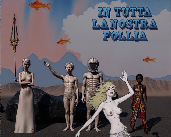 Surreal Scene with Humanoid Figures and Goldfish in Sky