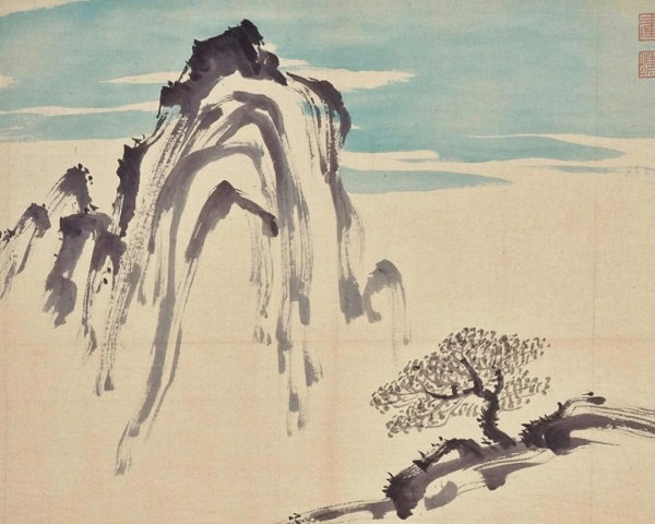 Traditional Asian Ink Painting of Mountains and Tree
