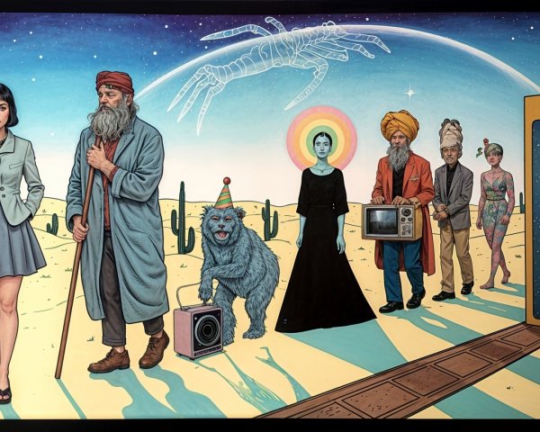 Surreal Desert Landscape with Diverse Characters and Portal