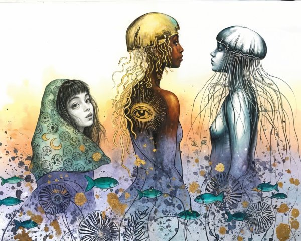 Ethereal Figures in Vibrant Gradient Background