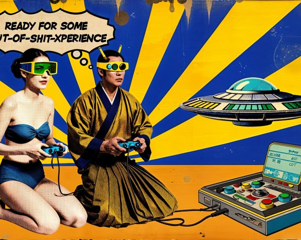 Retro Gaming Scene with VR Goggles and UFO