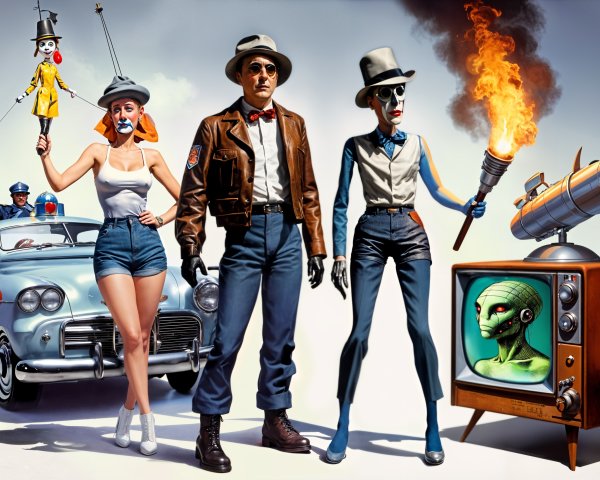Vibrant Retro Car Scene with Whimsical Characters