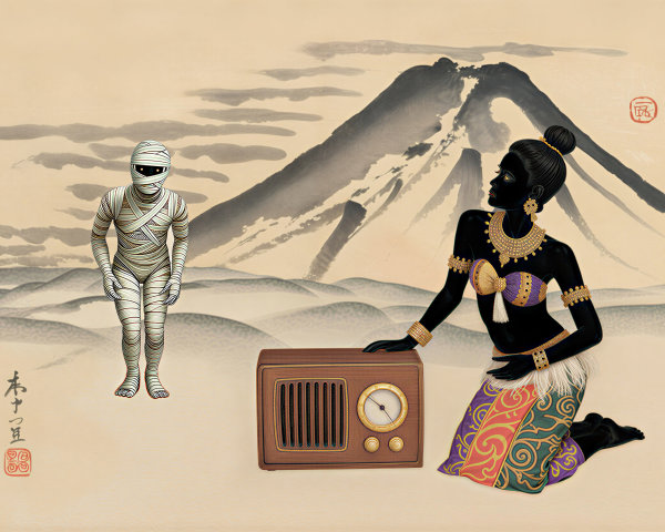 Stylized Black Figure and Mummy in Serene Landscape