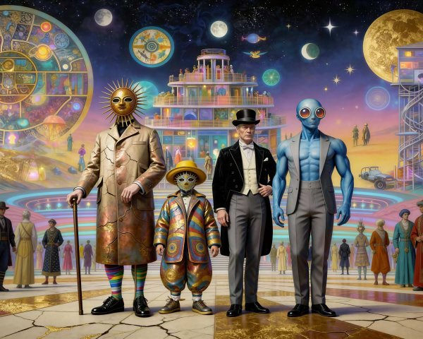 Vibrant Art Featuring Four Figures in Fantastical Landscape