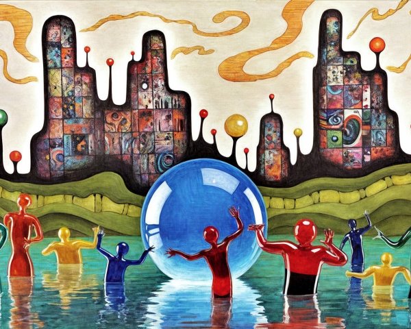 Surreal Landscape with Colorful Figures and Abstract Buildings