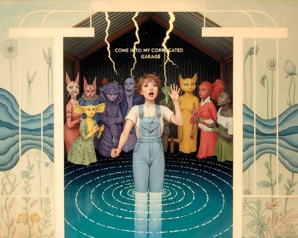 Young girl in swirling water with whimsical characters