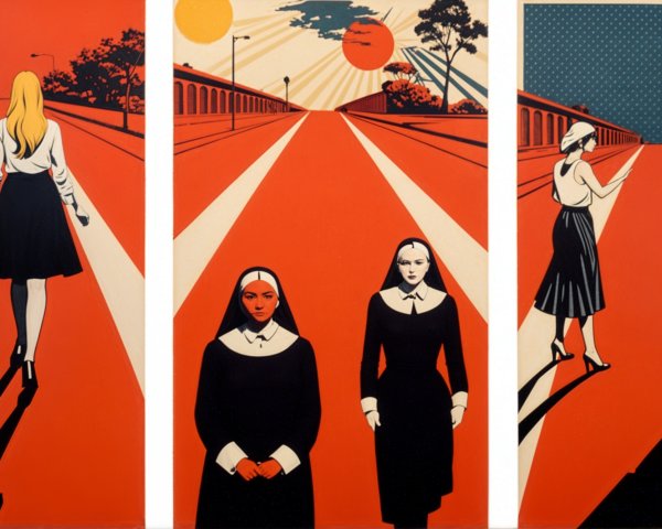 Three Panels of Figures on Red Background