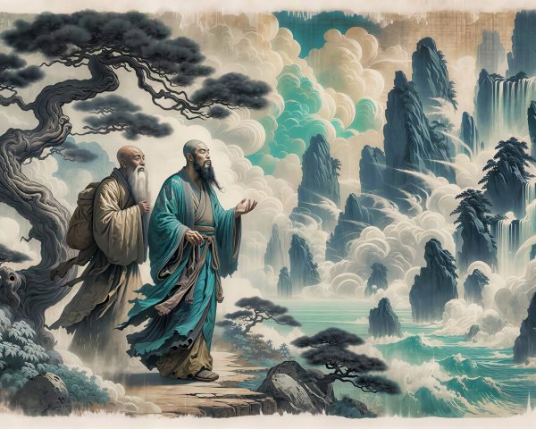 Ancient Sages Walking Along a Mountain Path
