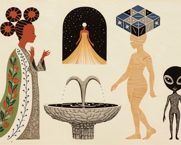 Stylized Figures and Celestial Elements in Art Scene