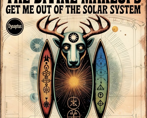 Stylized Deer Skull with Cosmic Symbols and Surfboards