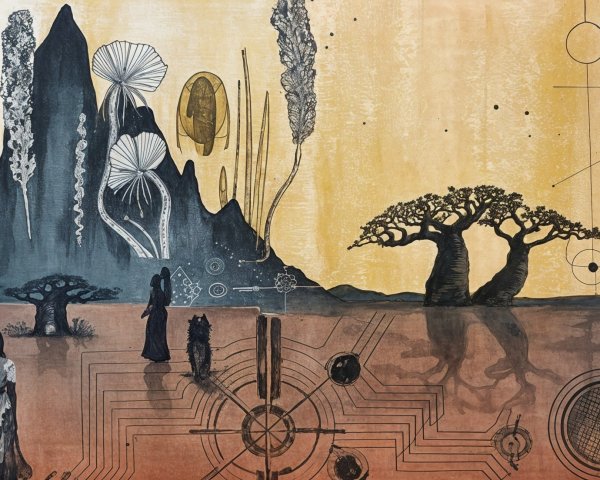 Surreal Landscape with Abstract Flora and Figures
