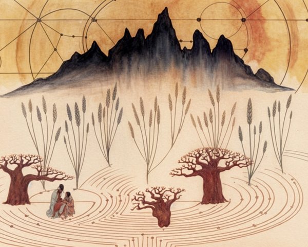 Serene landscape with mountains, sun, and figures