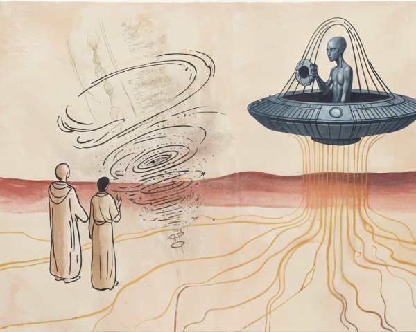 Figures in Robes Overlooking Cosmic Vortex and UFO