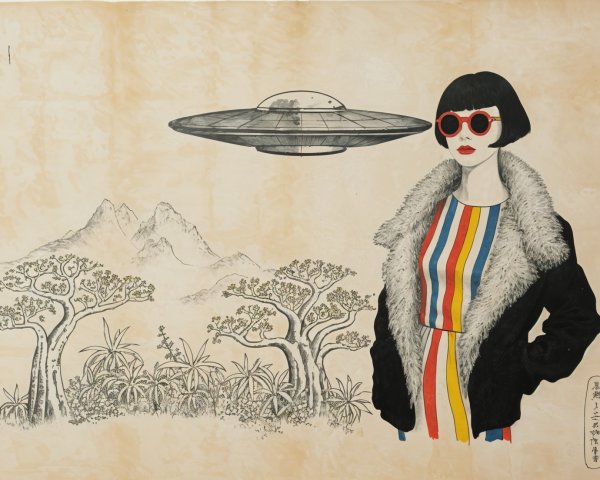 Stylized Illustration of Woman in Retro Fashion and Sci-Fi