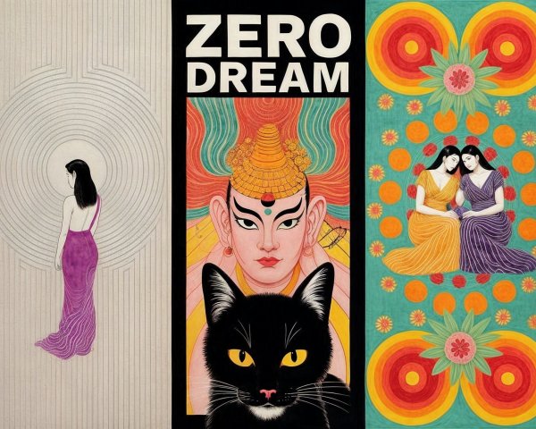 Three Panel Artwork Featuring Diverse Figures and Themes