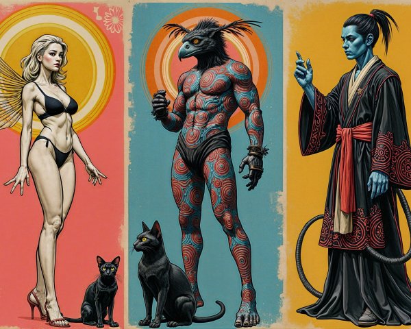 Three Unique Characters: Winged Woman, Bird-Headed Figure, Blue-Skinned Sage