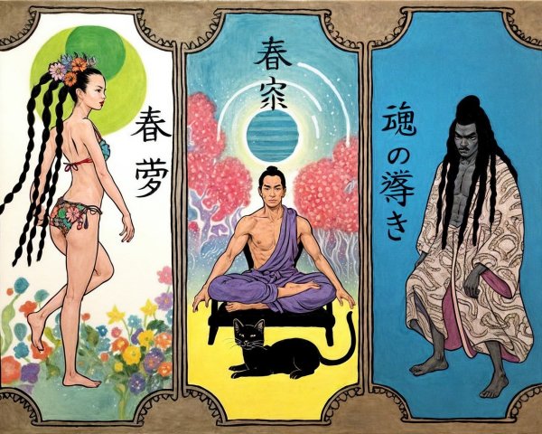 Three-panel artwork featuring diverse figures and themes