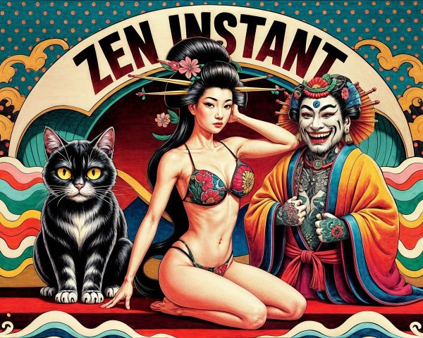 Vibrant Illustration of Woman, Cat, and Japanese Figure