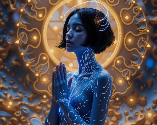 Meditative Figure with Glowing Lines in Ornate Setting