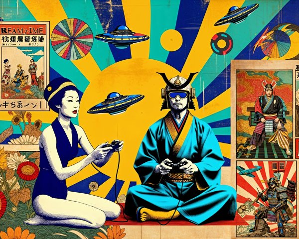 Retro-Futuristic Collage of Japanese Culture and Gaming