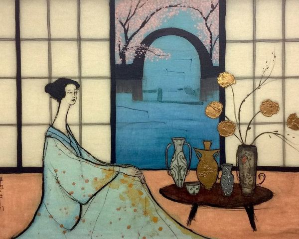Woman in Blue Kimono Surrounded by Cherry Blossoms