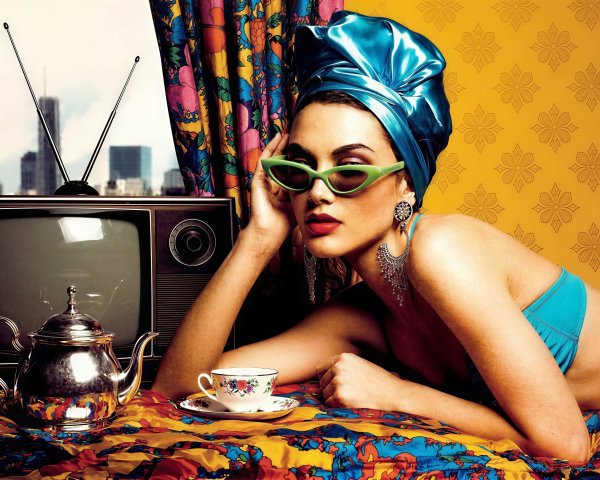 Reclining Woman in Colorful Vintage Setting