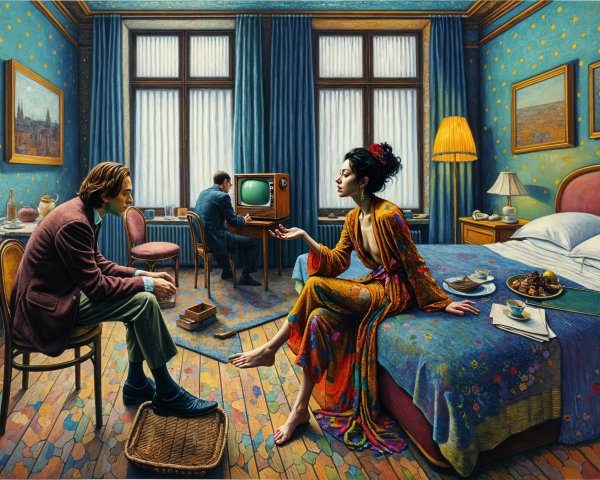 Vibrant Bedroom Scene with Detailed Elements and Colors